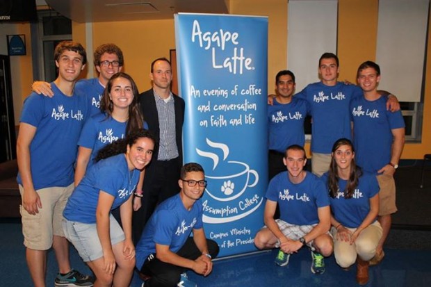 Campus Minister Brother Ronald Sibugan, A.A. (third from right, back row), poses with the student coordinators of the faith-sharing coffee hour "Agape Latte"