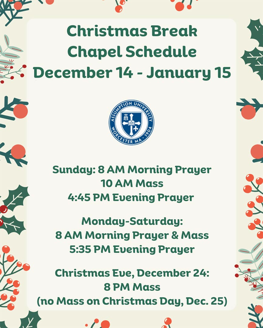 Christmas Break Schedule for the Chapel of the Holy Spirit